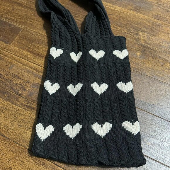 Black Cable Knit Tote Bag Purse w Cream Hearts Fall Season - Picture 7 of 8